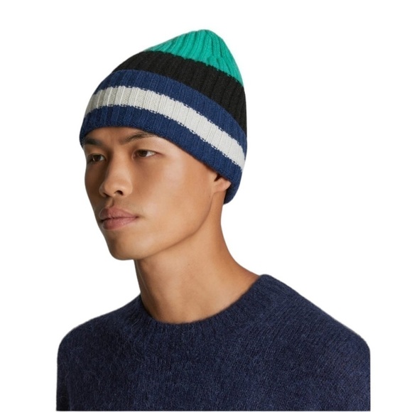 Everlane The Cashmere Unisex Beanie Bright Navy Multi Stripe NWT - Picture 3 of 7